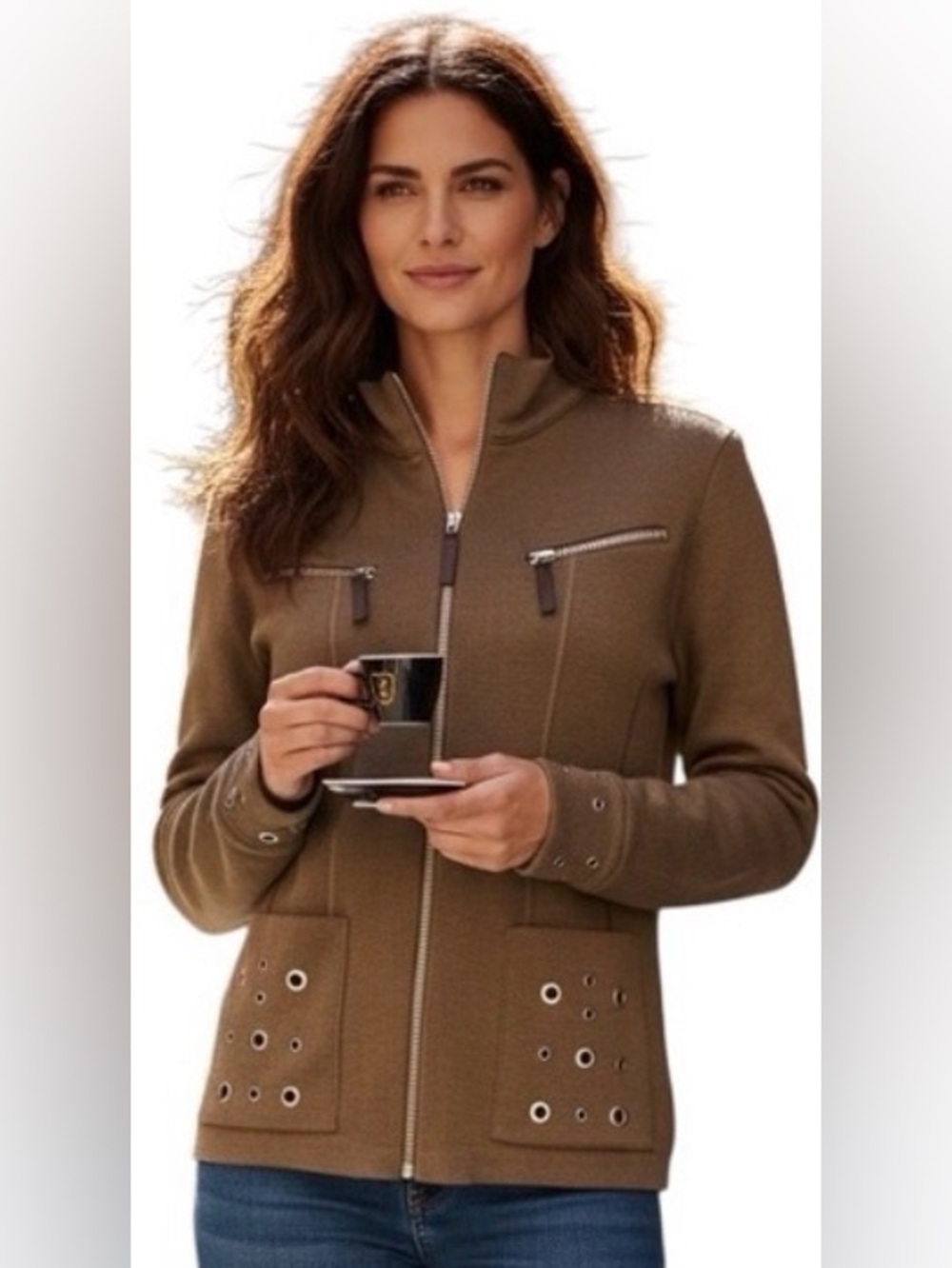 Clorinda Italian Made Merino Wool Blend Zip Front Cardigan Sweater Brown Small